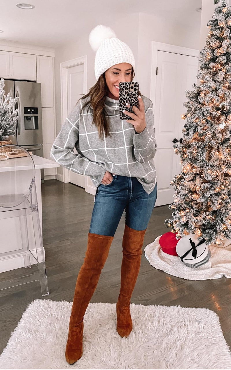 ECOWISH Women Fall Pullover Sweater Turtleneck Plaid Long Sleeve Loose Casual Chunky Checked Knit Winter Sweaters Jumper Tops 014gray XL - Image 2